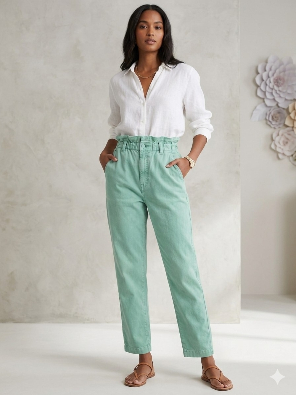 High-Waist Paperbag Jeans in Mint Green''/